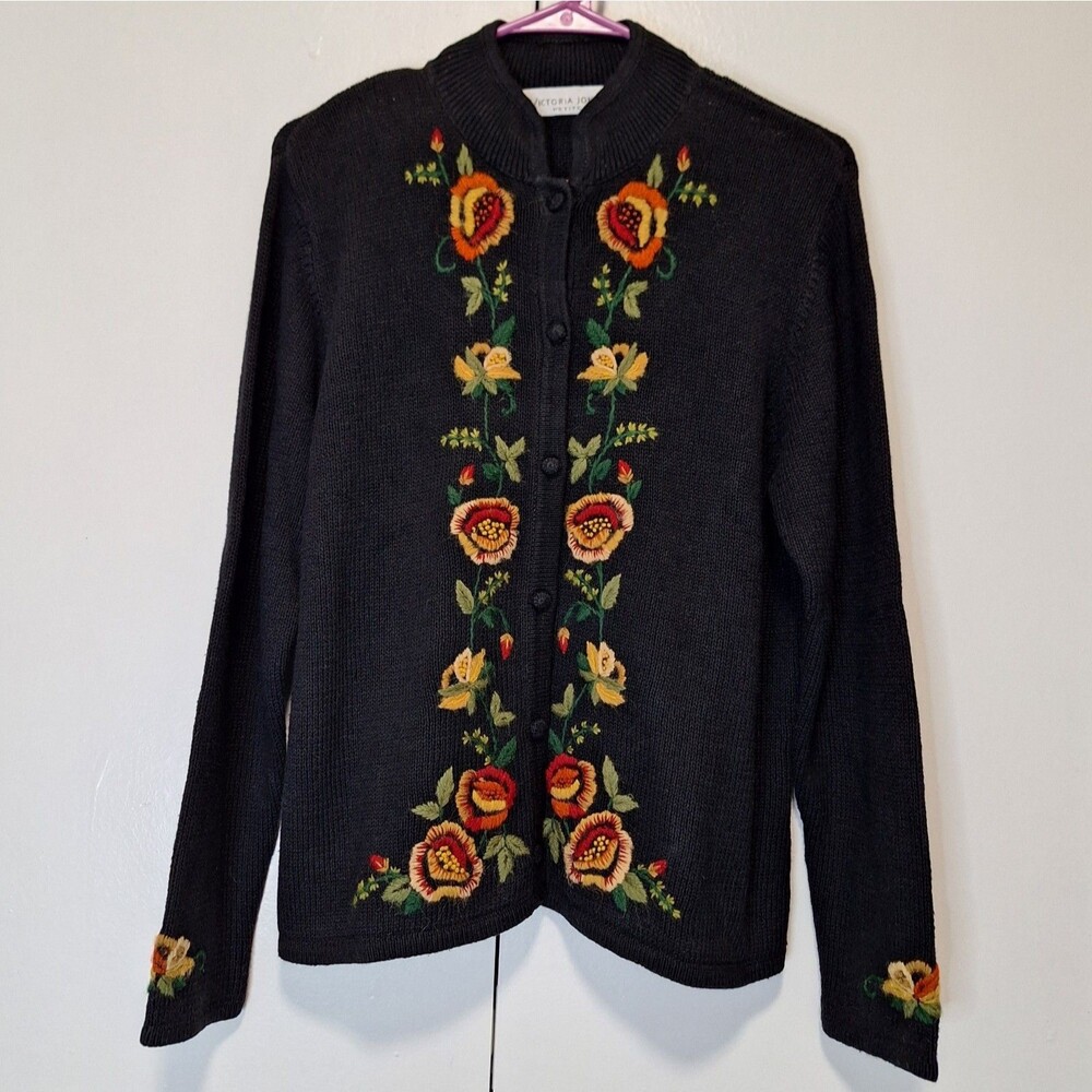 Victoria Jones Petite Floral Embroidered Cardigan Sweater Large Petite